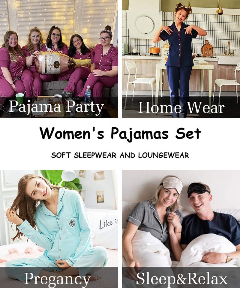 SWOMOG Women Pajama Sets Two-Piece Nightwear Short Sleeve Sleepwear Button Down Pj Lounge Sets with Long Pants Navy Blue - Image 5
